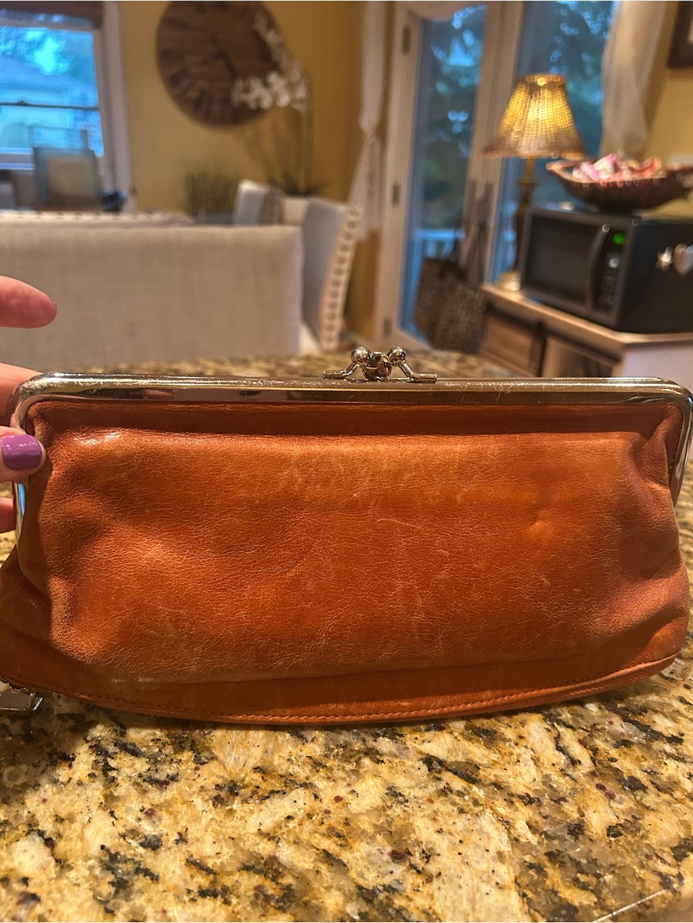 HOBO tan Leather Kiss-Lock Clutch buttery soft leather.